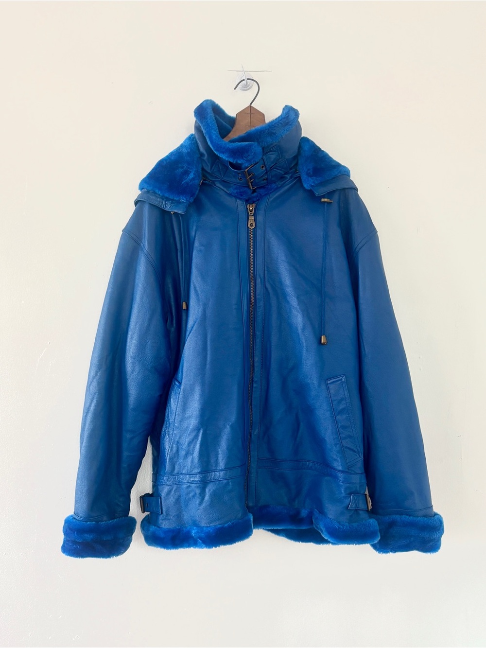 Vintage Electric Blue Shearling Mens Hooded Leather Parka Winter Coat Size XL